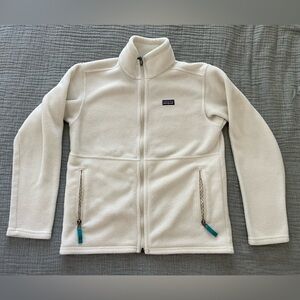 White Patagonia Fleece Zip Up Kid Large 12 Turquoise Contrast EUC  ☁️